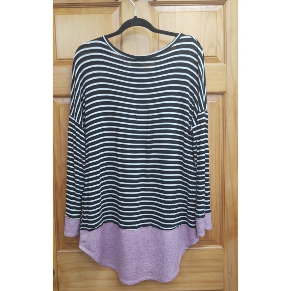 Egy Women's XL Black & White Striped Long Dolman Sleeve Boho Artsy Top Tunic - Picture 6 of 12